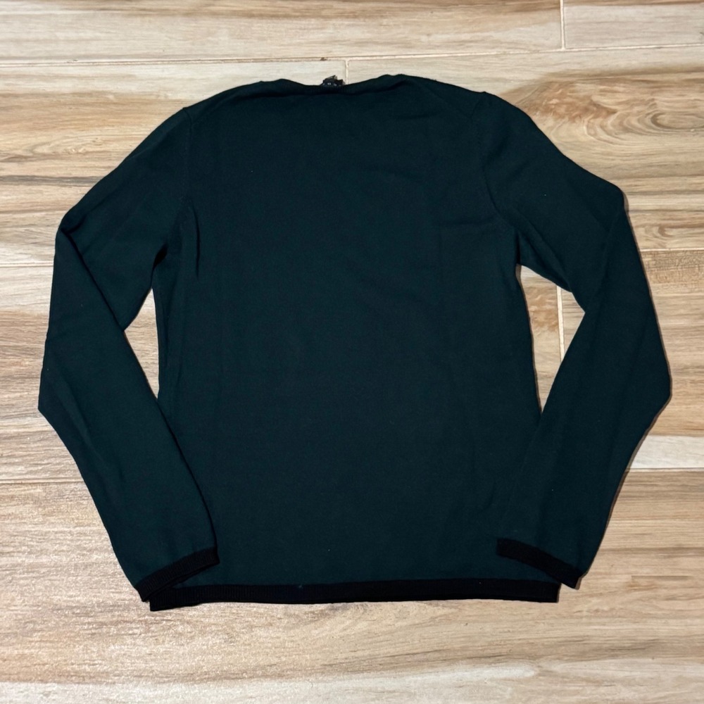 Theory Womens Forest Green 100% Wool Crew Neck Sweater Black Trim Size L - Picture 3 of 6